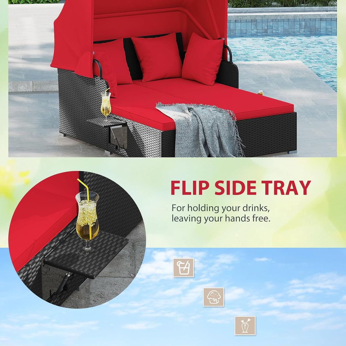 dreamade outdoor daybed with canopy, 2 person rattan, side view