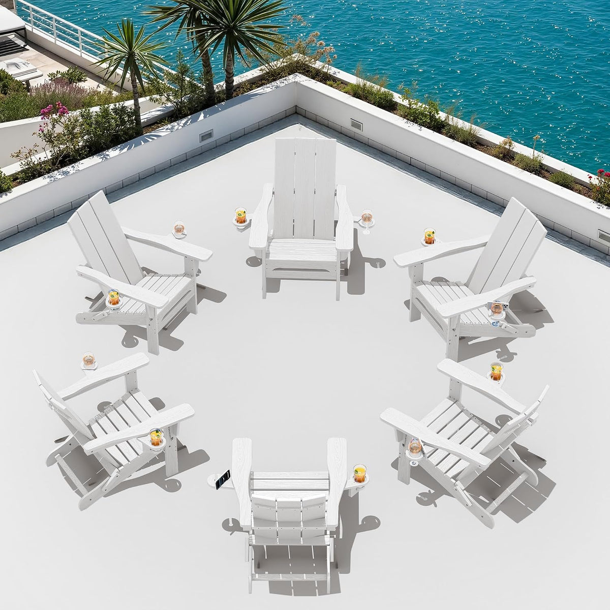 SERWALL Modern Folding Adirondack Chairs Set of 6, HDPE, Cup Holders, White