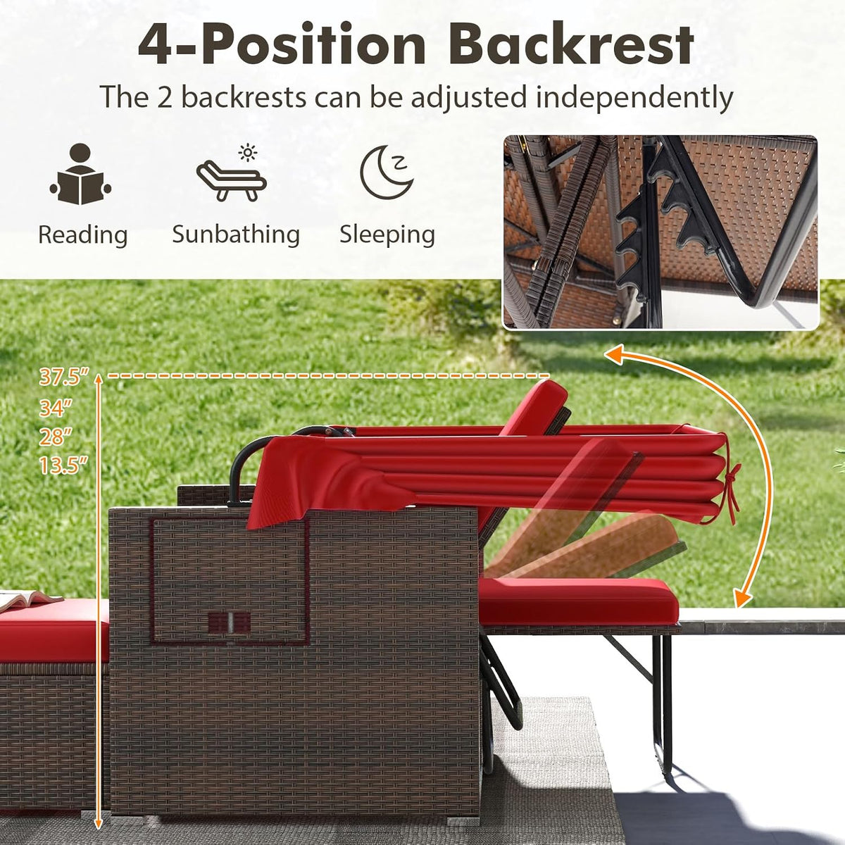 Moccha Outdoor Daybed with Retractable Canopy - Rattan Loveseat Sofa Set w/ Adjustable Backrests, 2 Folding Side Panels, Storage Ottomans, Double Bed Lounger for Garden Patio Furniture Set (Red)