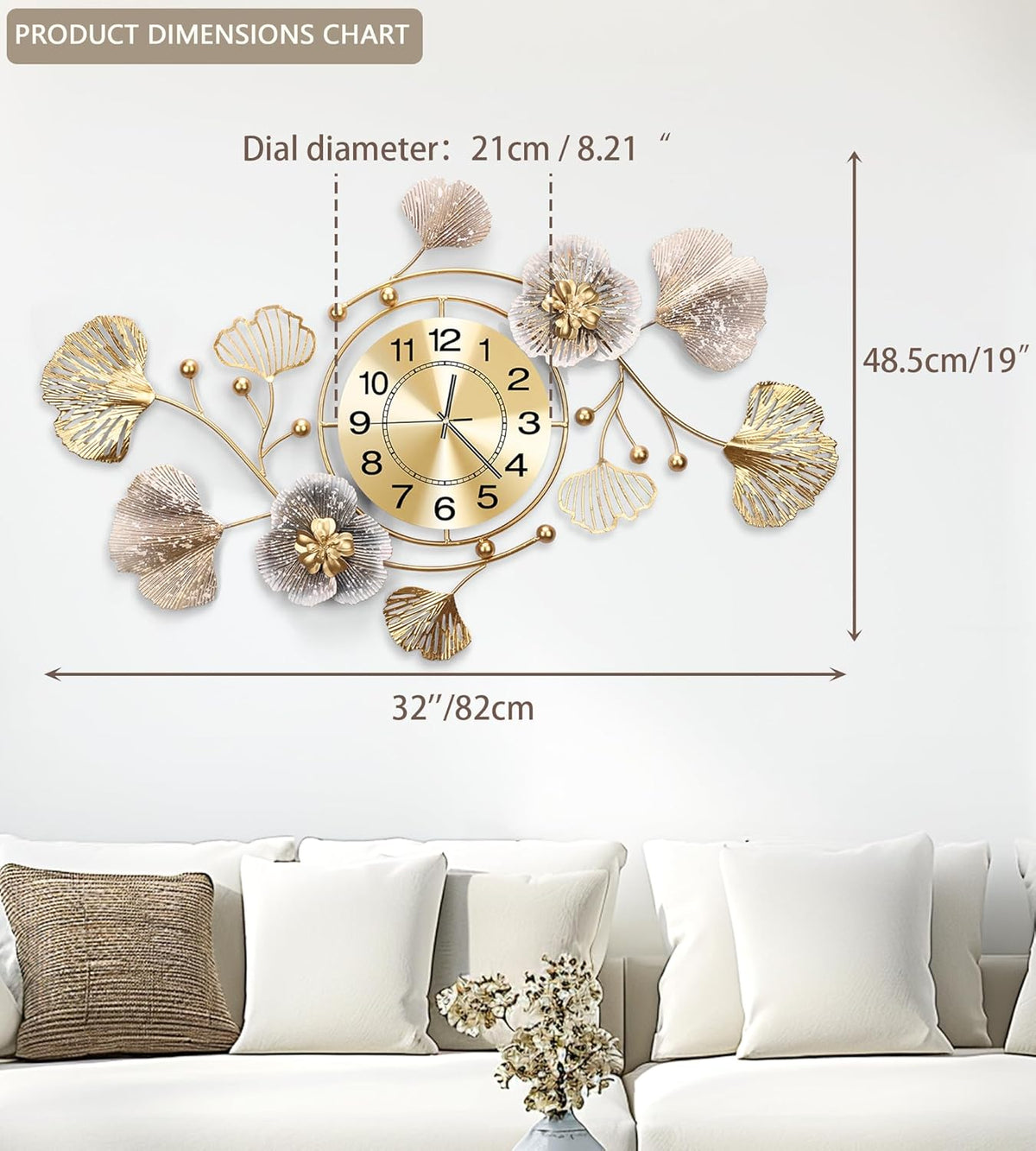 33" Modern Farmhouse Large Decorative Wall Clock, Ginkgo Metal Art