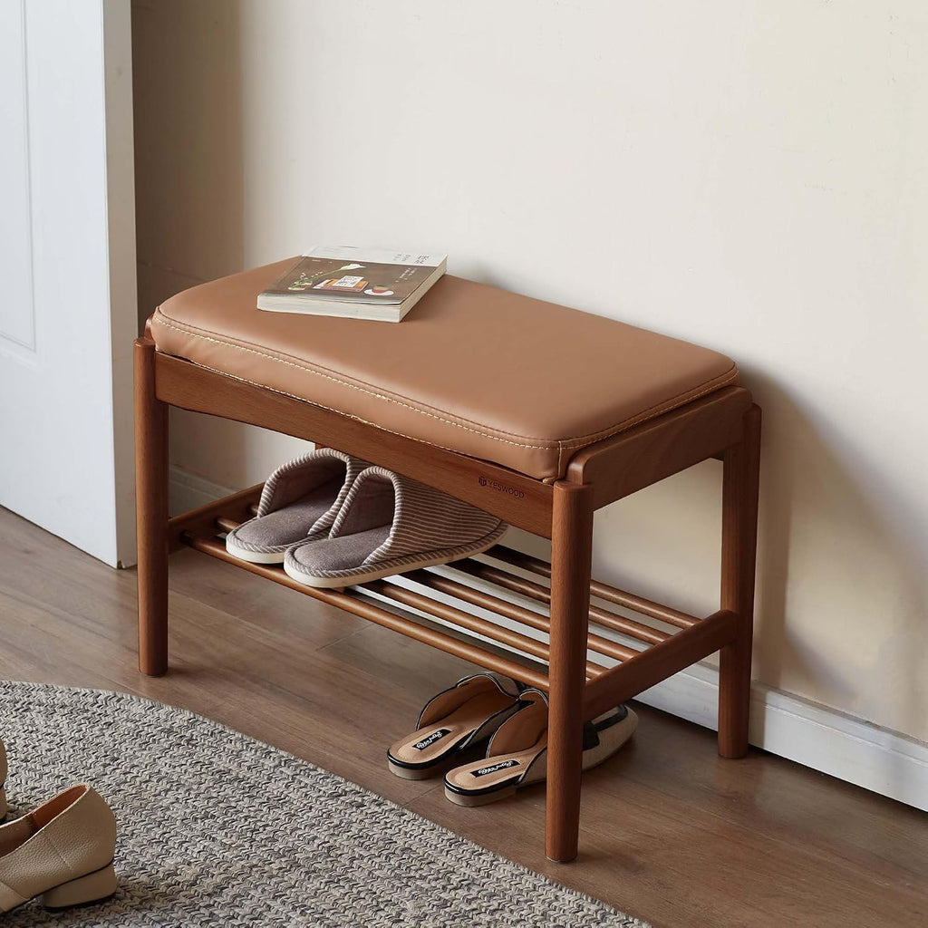 Solid Wood Shoe Bench, 24 Inch Entryway Bench with Brown Leather Cushion