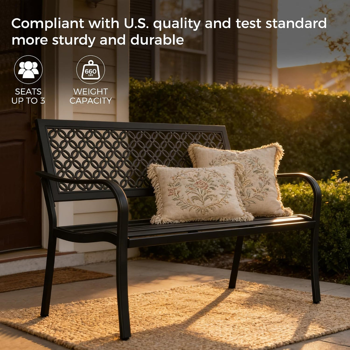 Grand patio 50" Outdoor Bench, Garden Bench with Armrests, Black