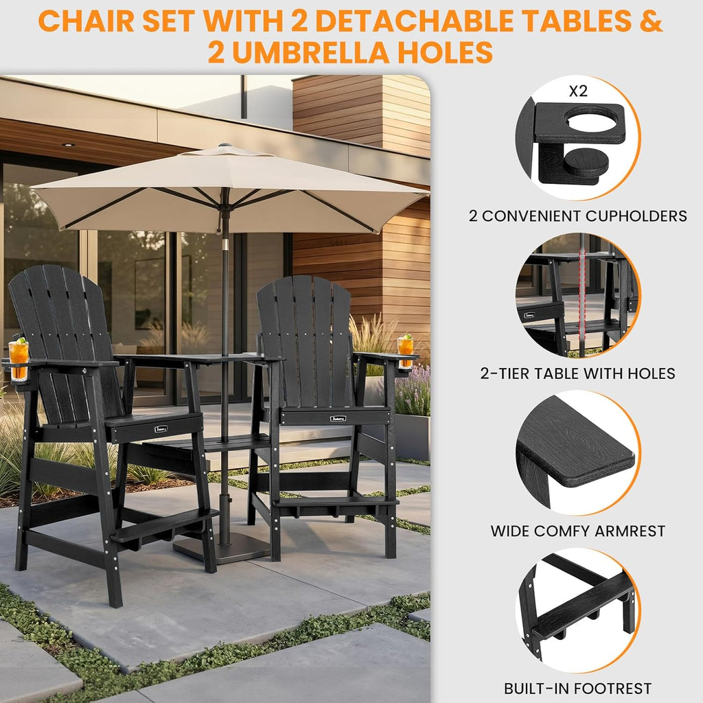 FUNBERRY Tall Adirondack Chair Set of 2 with Tables, High Top Balcony Chair