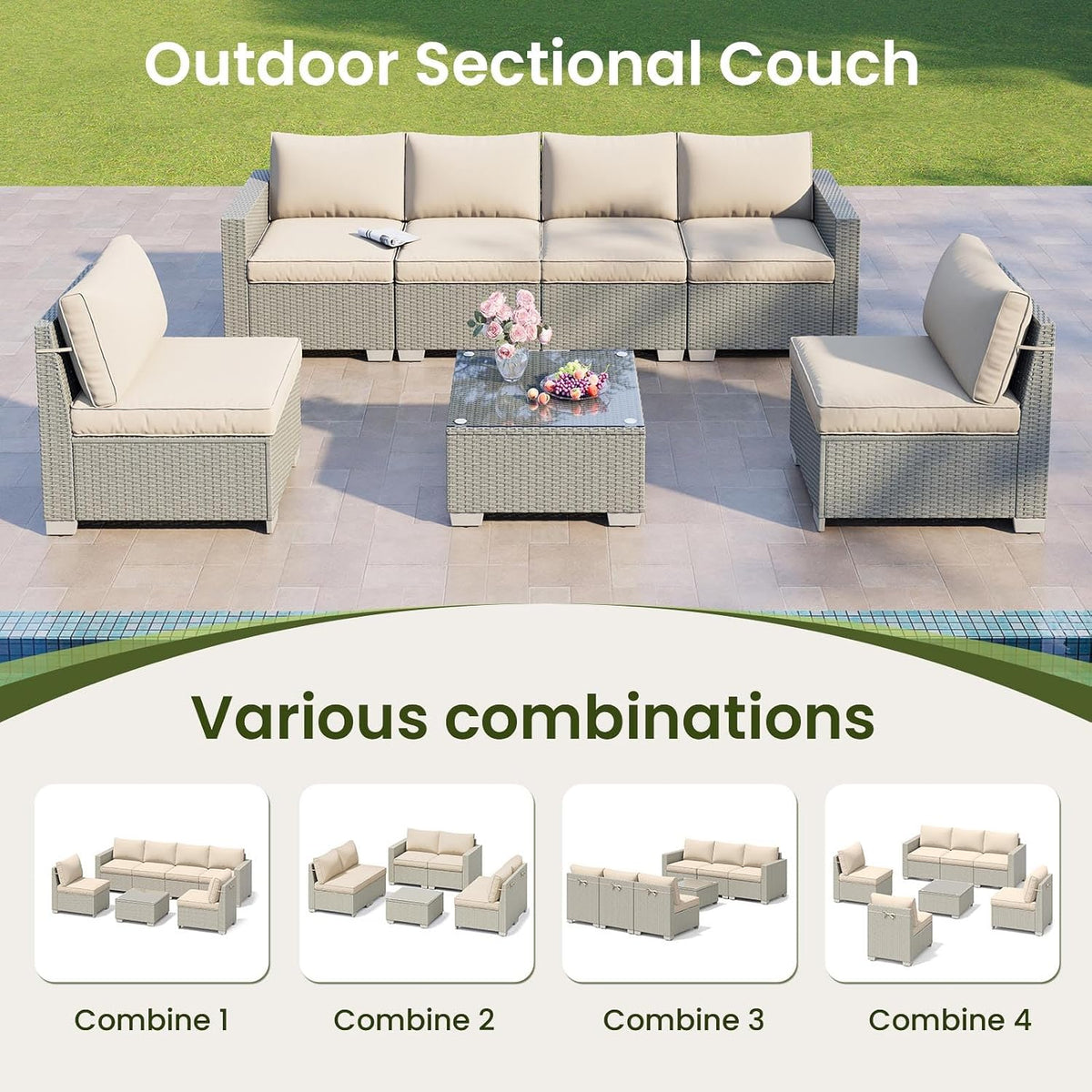7 Pieces Outdoor Patio Furniture Set, Outdoor Sectional Furniture Set, All-Weather PE Rattan Wicker Sofa with Cushions for Balcony, Deck, Garden