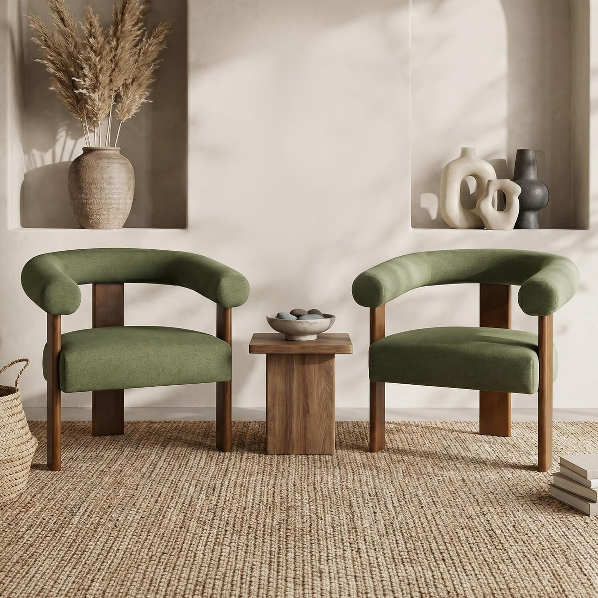 Usaint Upholstered Barrel Accent Chair Set of 2 with Walnut Wood Legs