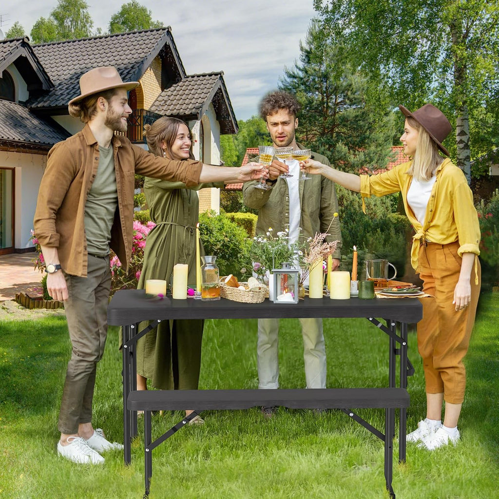 Tangkula Picnic Table with 2 Benches, 3 Piece Folding Picnic Table Set with HDPE Tabletop, Sturdy Metal Frame, 4 Person Plastic Folding Table for Indoor Outdoor Use (Black)