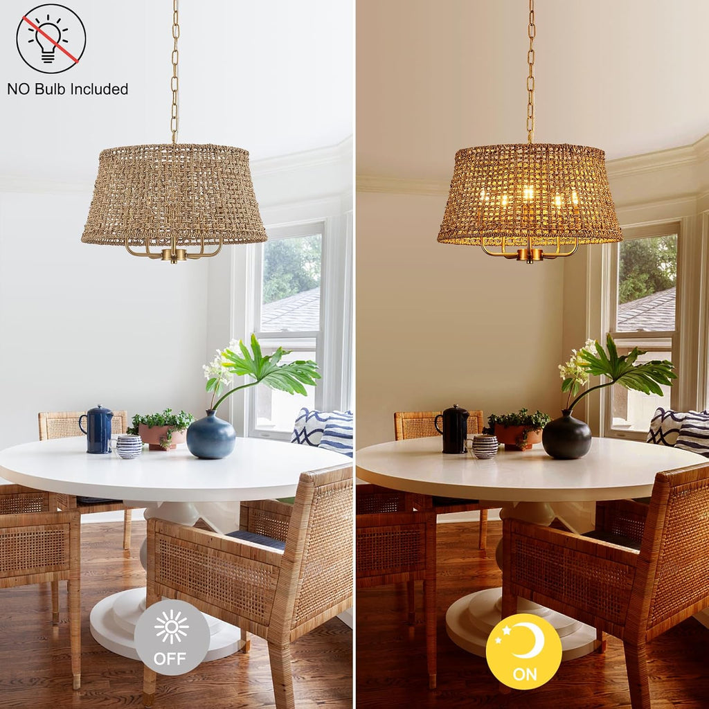 19.7" Boho Rattan Chandelier, 5-Light Gold Wicker Light Fixture