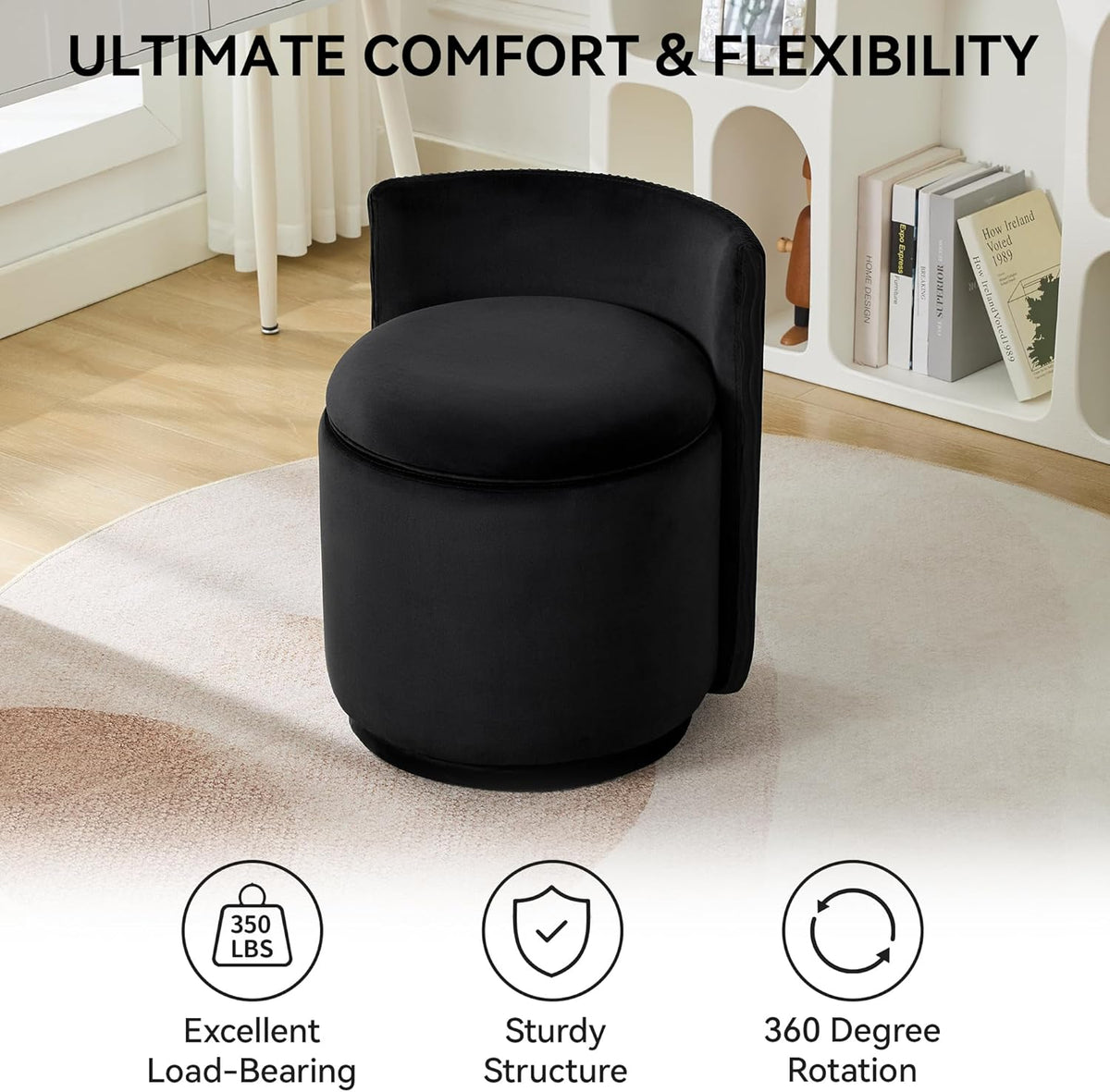 WUTUTUEE Velvet Vanity Chair with Storage, 360° Swivel Makeup Chair with Wave Back, No Assembly Small Accent Stool for Bedroom, Dressing, Living Room, Black