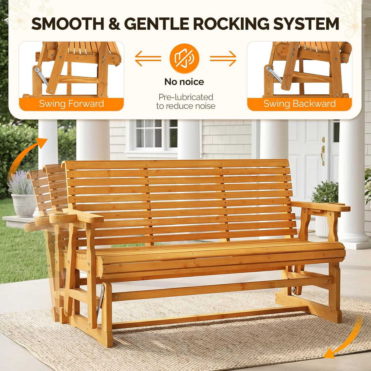 VINGLI Wooden Patio Glider, Heavy Duty 800 LBS Outdoor Glider with Cup Holders, 5 FT Wooden Glider Bench with High Backrest for Garden, Yard, Patio, Teak