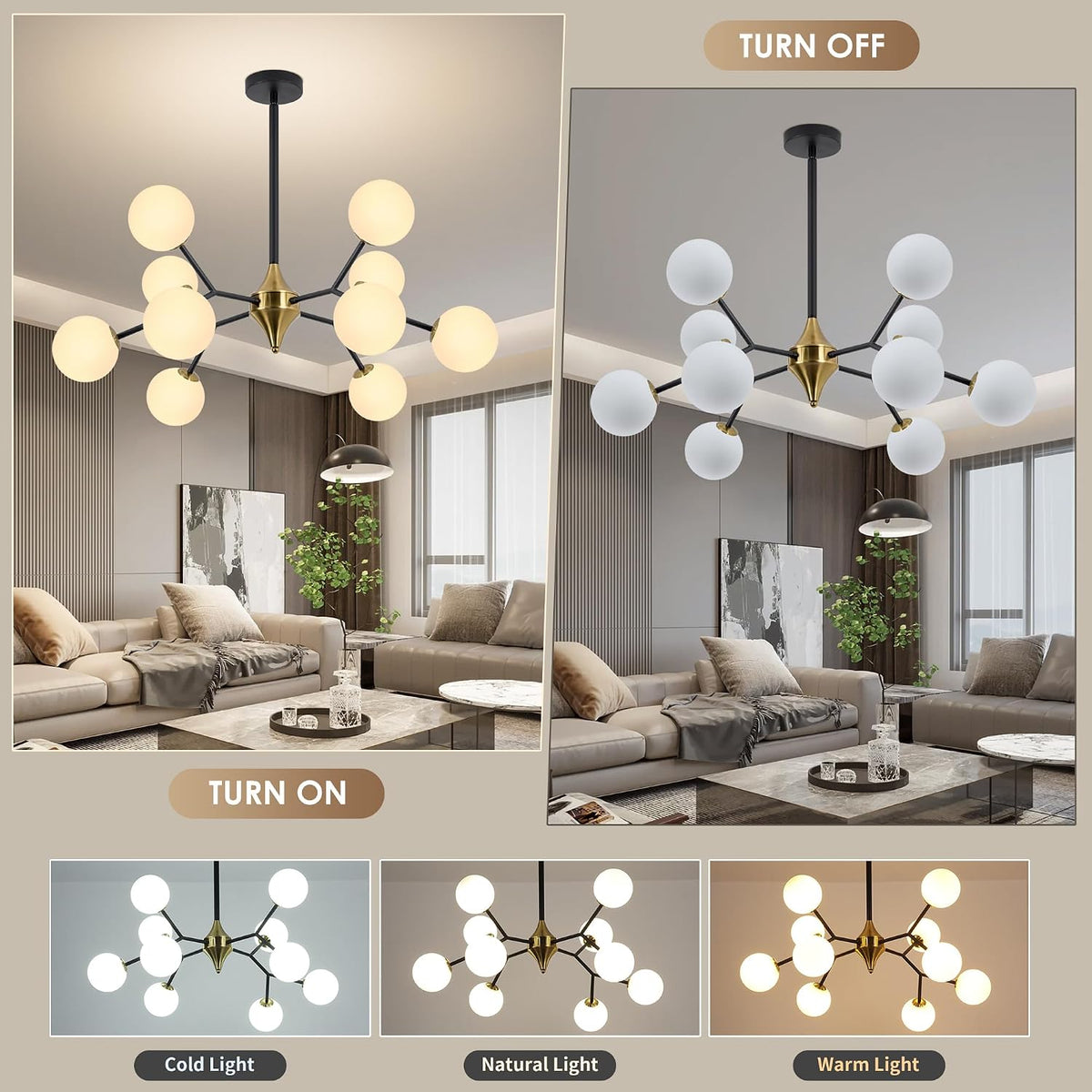redstar 39" black and gold sputnik chandelier 10-light, close-up detail