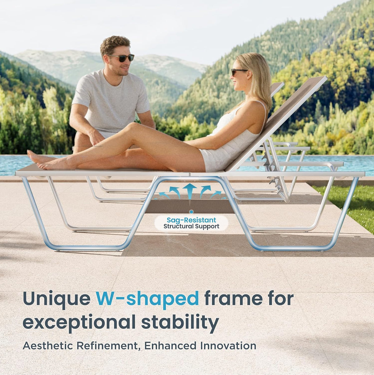 PHI VILLA 78" Oversized Outdoor Chaise Lounge Chair Set of 2, 27" Extra Wide, 5-Position Adjustable, UV50+ Textilene Mesh, Rust-Proof Frame, Brown