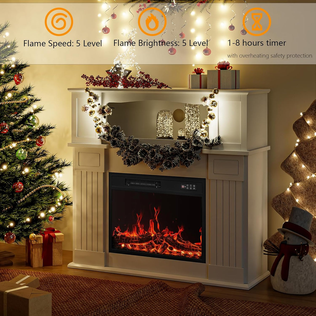 43 inch Electric Fireplace with Mantel, LED Lights Strip, White