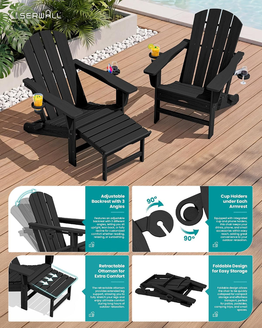 SERWALL HDPE Folding Adjustable Adirondack Chair with Footrest, Black