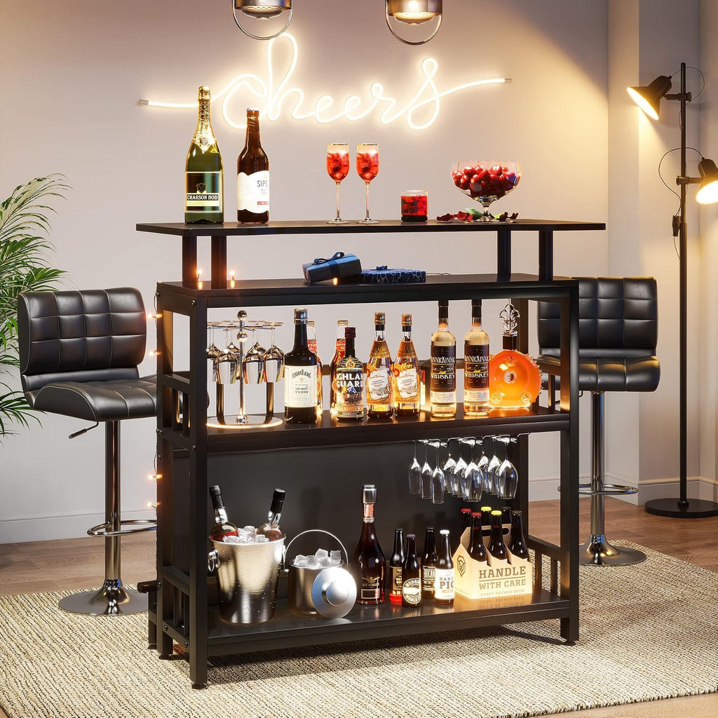 Tribesigns Home Bar Unit for Liquor, 44-Inch Bar Height Table with Storage, Black Mini Entertainment Carts Pub Table with Upholstered&Metal Front Footrest for Kitchen, Balcony, Basement