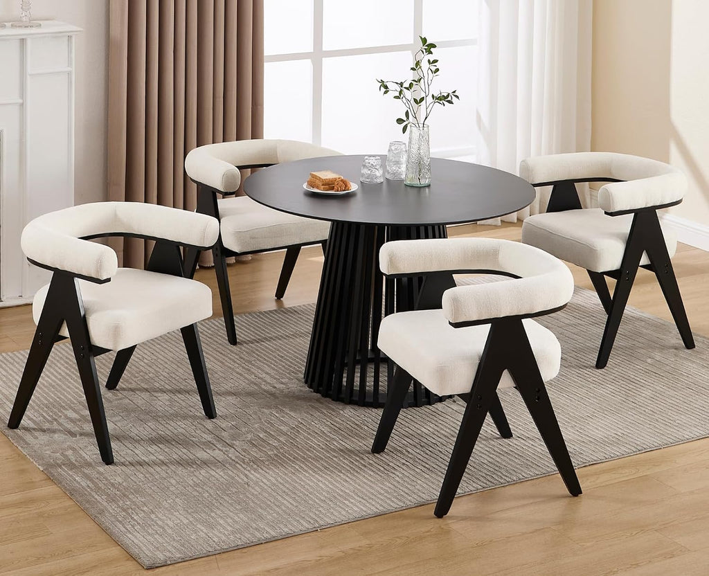 CIMOTA Barrel Wooden Dining Chairs with Arms Set of 4, Modern Fabric Upholstered Kitchen Chairs with Black Wood Legs Contemporary Armchairs Accent Side Chairs for Dining Living Room, Cream White