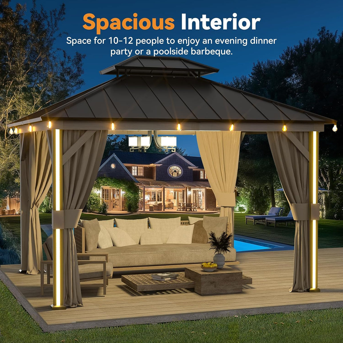 Modern Shade Hardtop Gazebo 10' x 12' with 4 Lights, Outdoor Gazebo with Galvanized Steel Double Roof, Patio Pavilion with USB and USB-C connectors, Netting and Curtains, Wood Looking