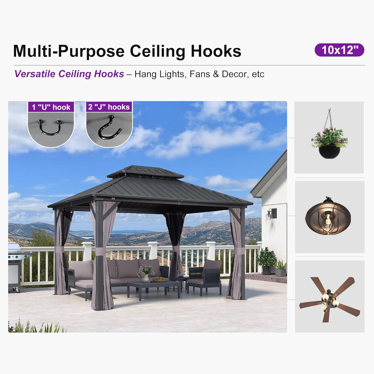 PURPLE LEAF Hardtop Gazebo 10' x 12' Aluminum with Privacy Curtain, Grey