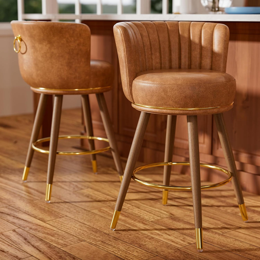SeekFancy 24 Inch Brown Leather Swivel Counter Bar Stools Set of 2