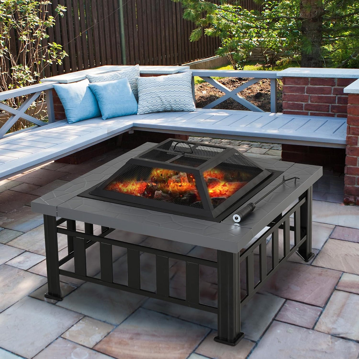 Outsunny 34" Outdoor Fire Pit Square Steel Wood Burning Firepit Bowl