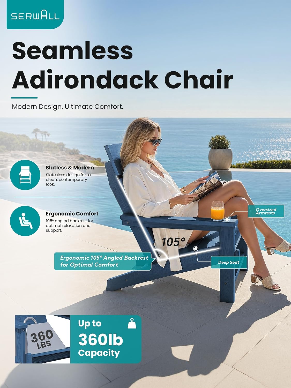 SERWALL Modern Adirondack Chairs Set of 4,Slateless,Solid Backrest,Blue