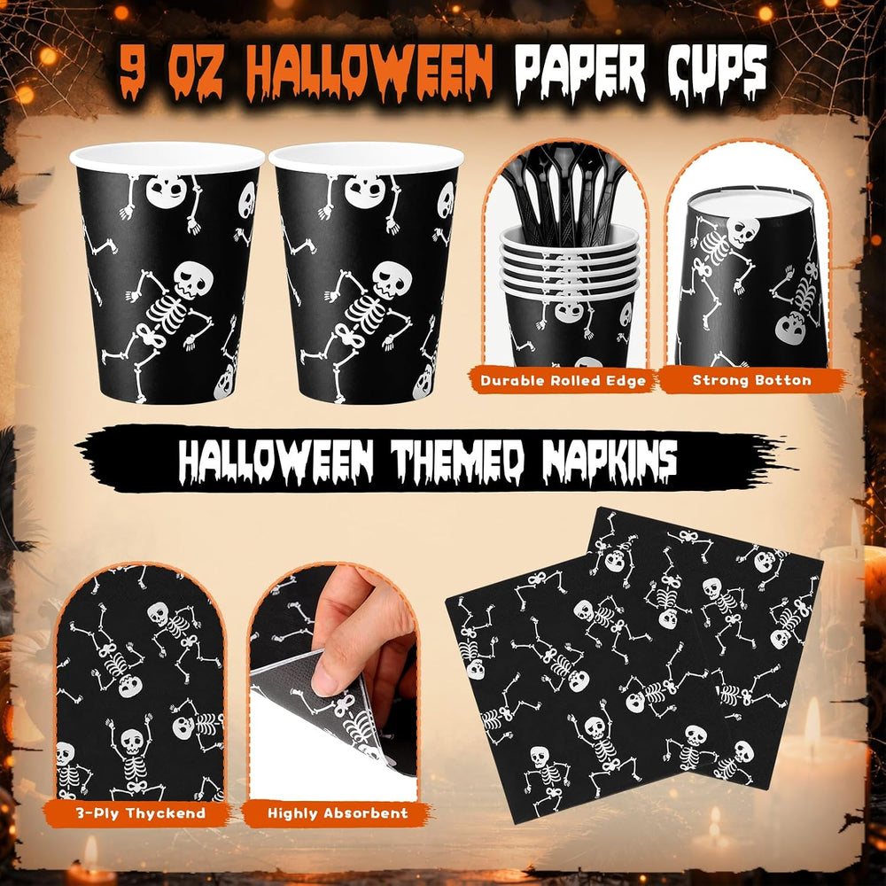 210 Pcs Halloween Skeleton Plates and Napkins Party Supplies for 30 Guests