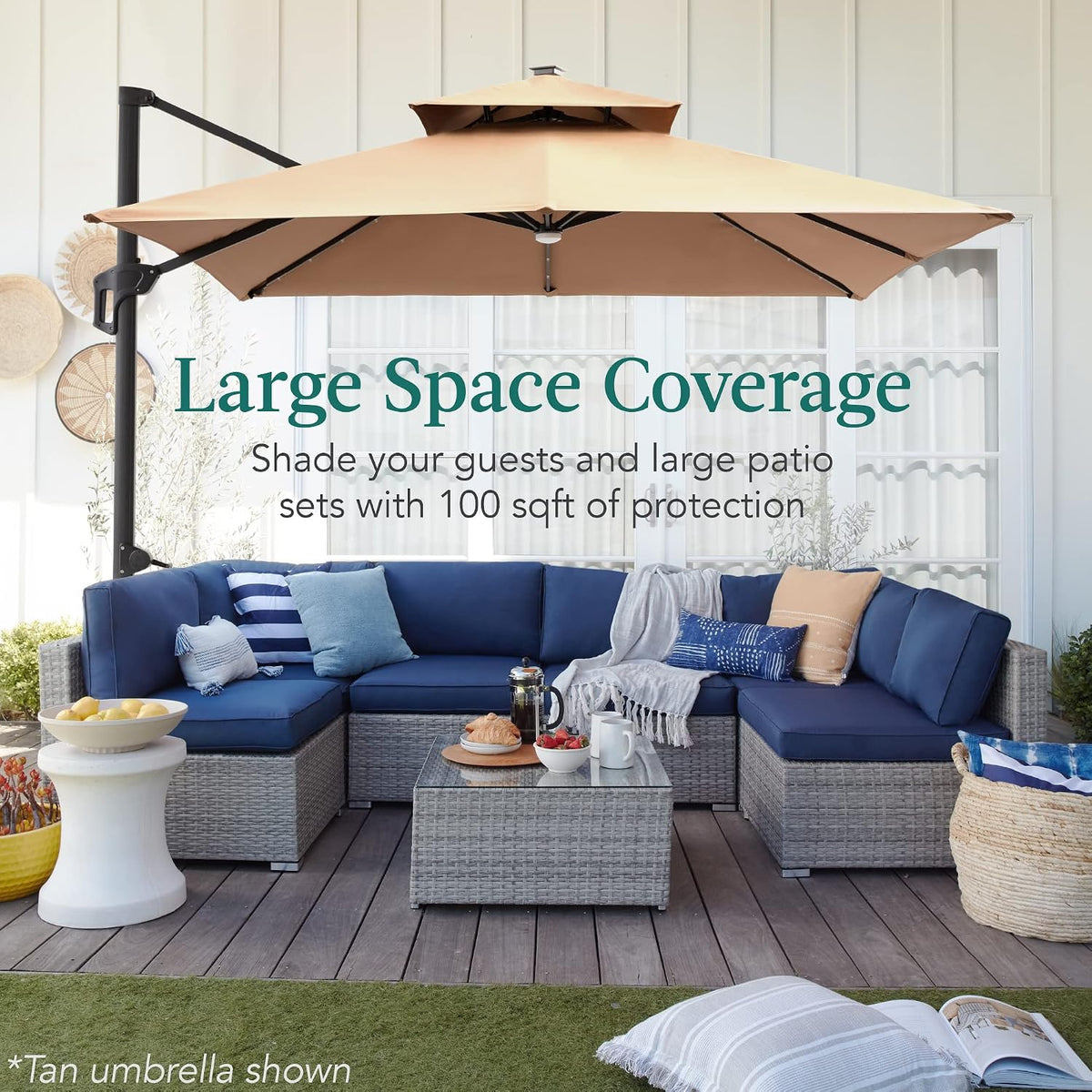 Best Choice Products 10x10ft Cantilever Patio Umbrella w/Base Included, Solar LED Lights 360 Rotation Large Offset Hanging Outdoor Shade for Deck Pool Backyard w/Stand – Tan