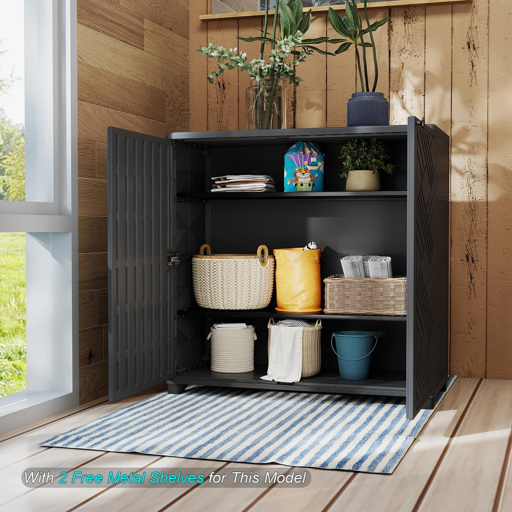 HOMSPARK Indoor/Outdoor Storage Cabinet with Doors and 2 Metal Shelves, 34”x15”x34” HDPE Plastic Storage Box for Patio, Garden, Enterway, Balcony, Multi-Purpose for Daily Tools, Black