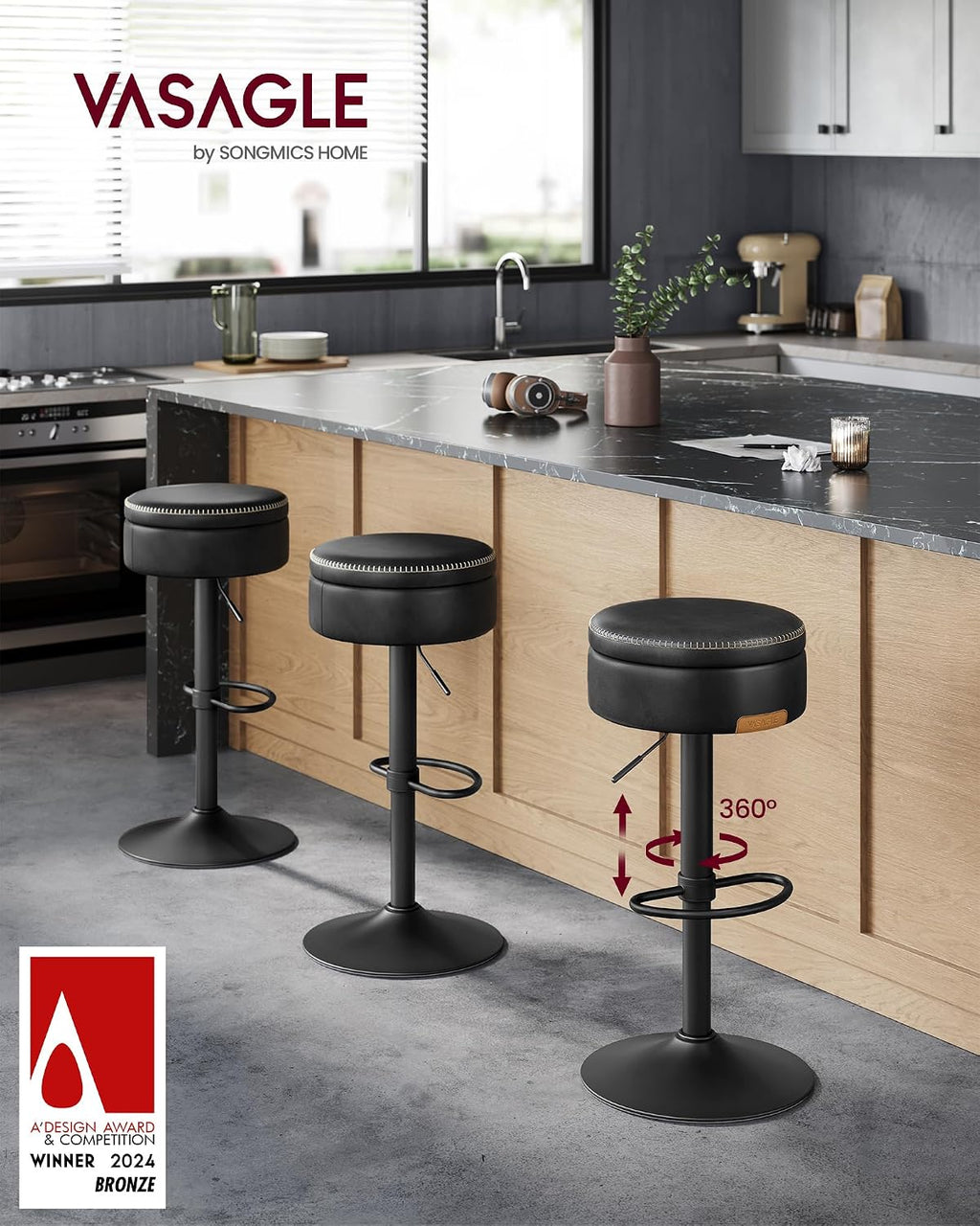 vasagle 360° swivel bar stool, height adjustable, with, side view