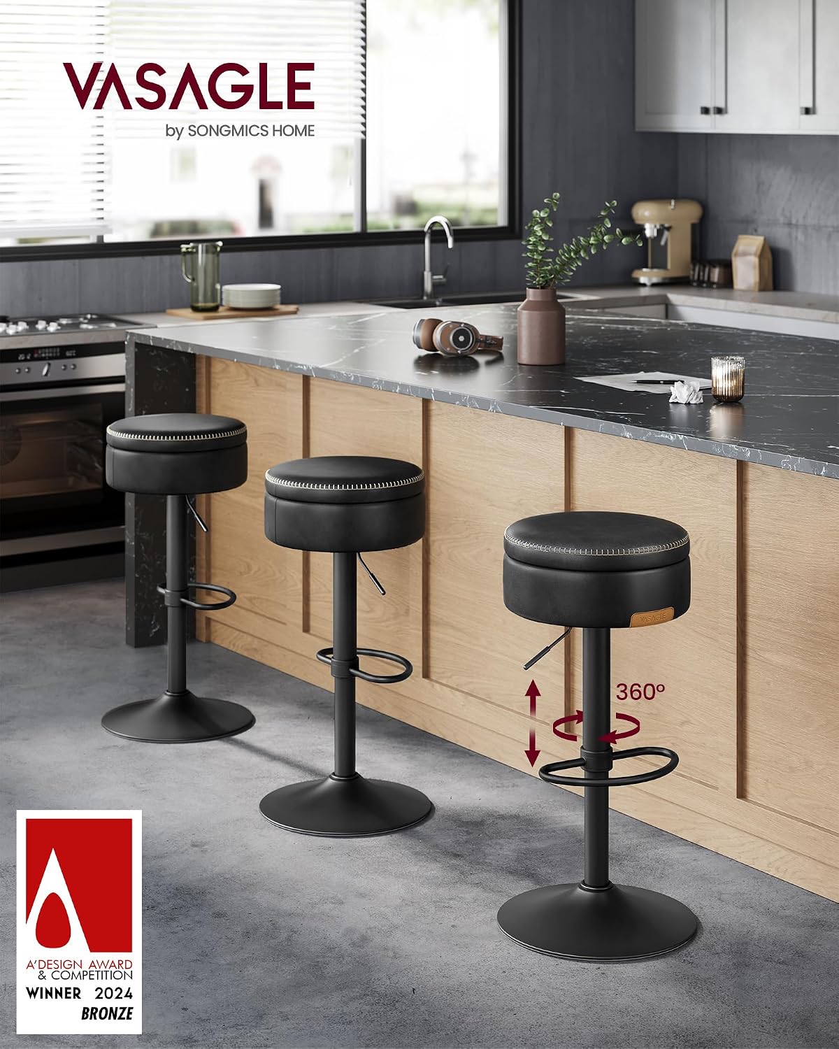 vasagle 360° swivel bar stool, height adjustable, with, side view