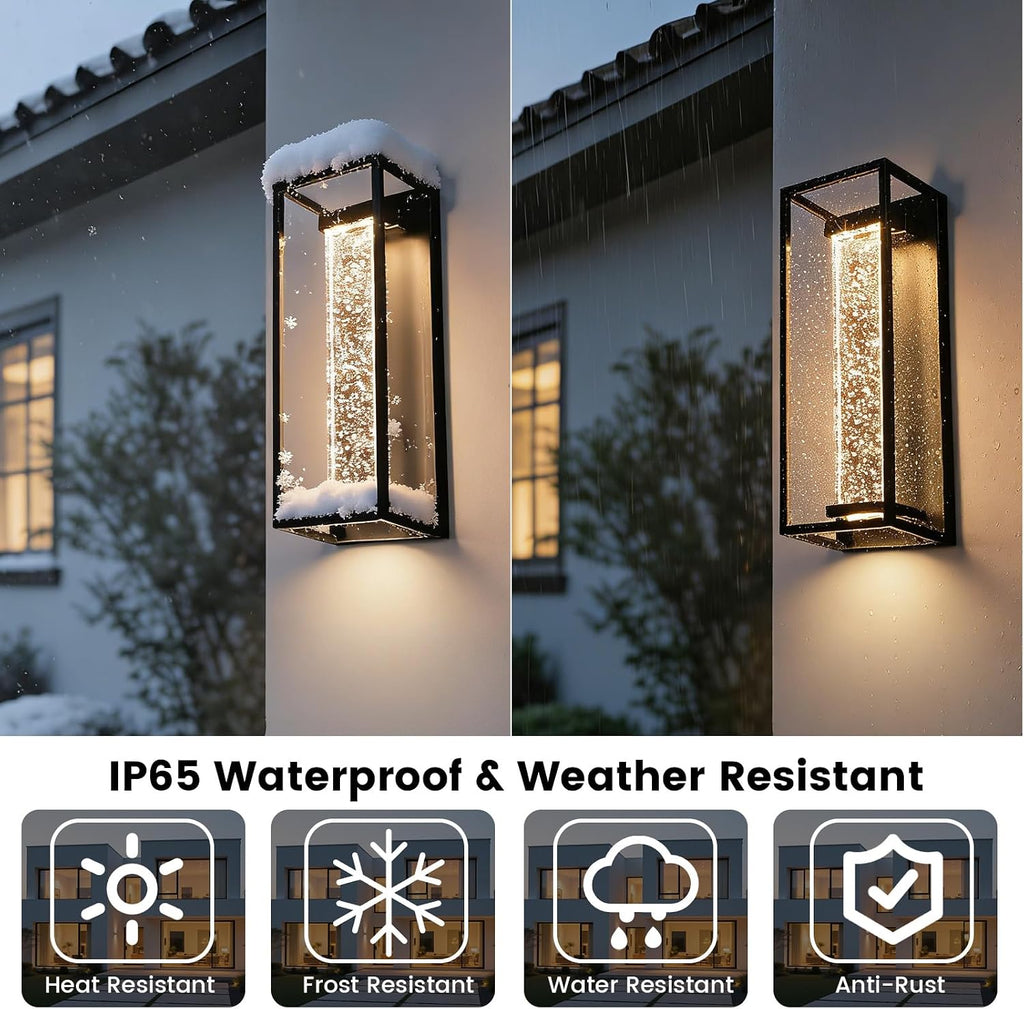 16 Inch Modern Outdoor Wall Sconce, Matte Black Waterproof Exterior Wall Light with Metal Frame and Crystal Bubble Glass, LED 3000K Warm White Lantern for Porch Garage Patio Lighting (1 Pack)