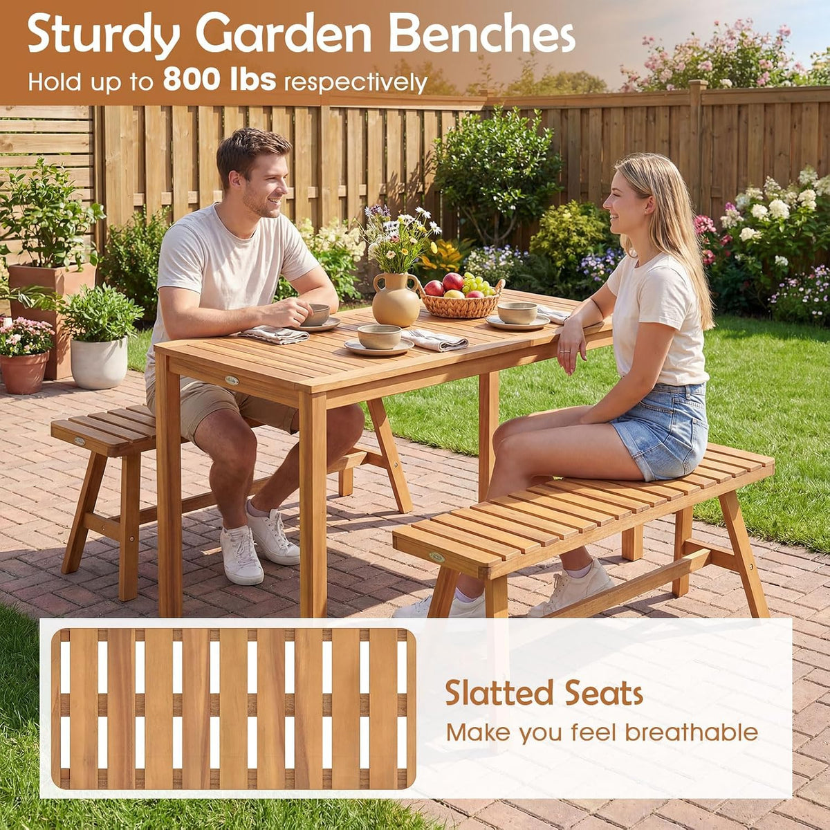 Tangkula Acacia Wood Outdoor Garden Bench, 2-Person Patio Backless Bench with Slatted Seat, 800 lbs Capacity, Outside Dining Bench for Front Porch, Balcony and Entryway (1,Natural)