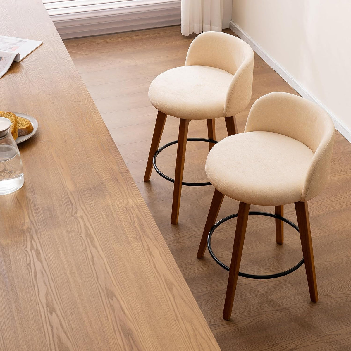 EYYTHUNG 26" Counter Height Bar Stools Set of 2 Mid Century Modern Farmhouse Swivel Barstools Chenille Fabric Upholstered Bar Height Island Chairs with Curved Backrest for Kitchen Island, Beige