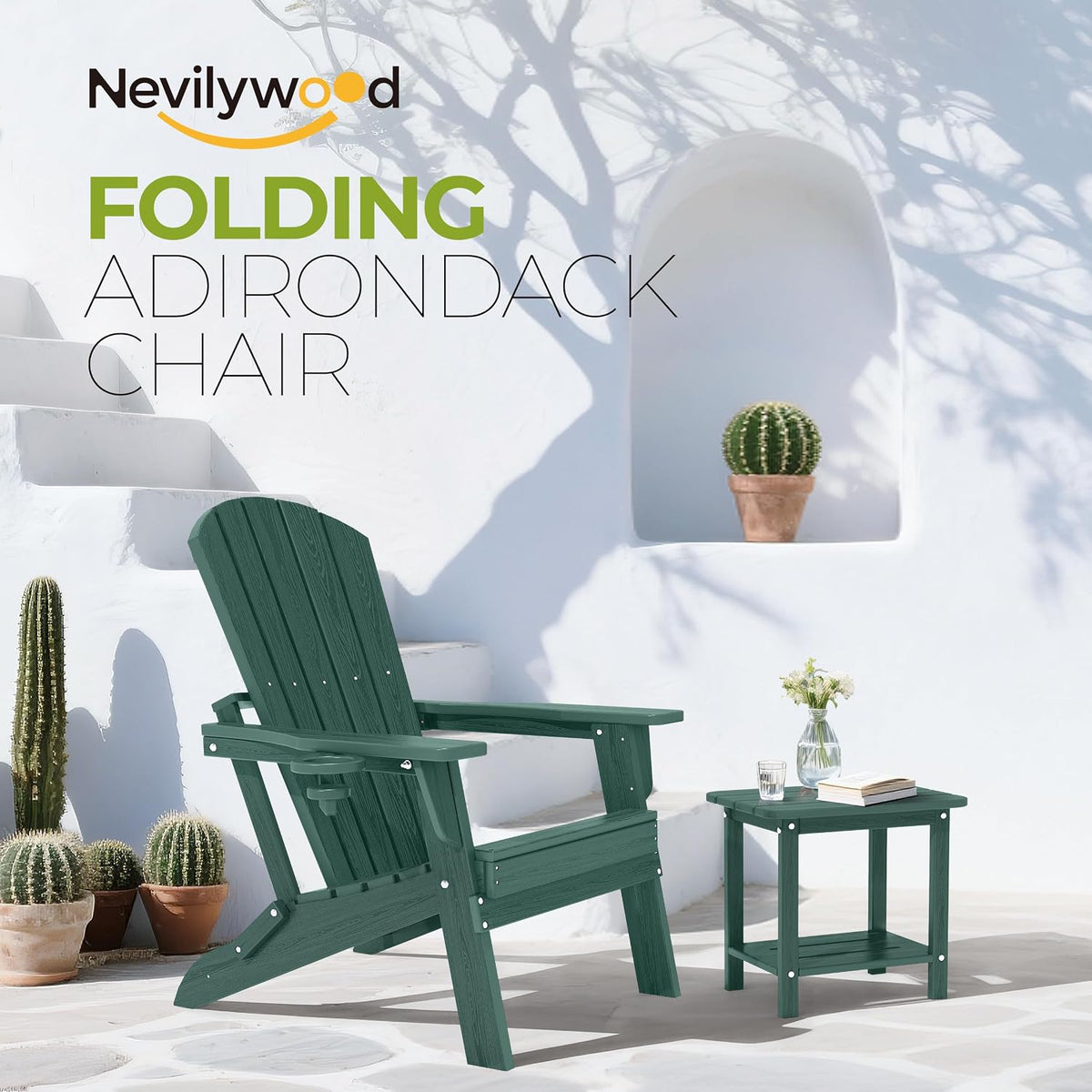 nevilywood Folding Adirondack Chairs Set of 2, HDPE Cup Holders, Green