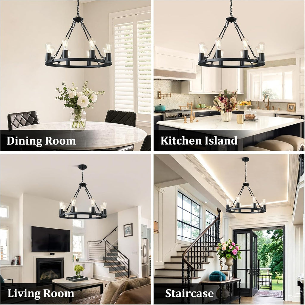 Wagon Wheel Chandelier 8-Light Black Dining Room Light Fixture