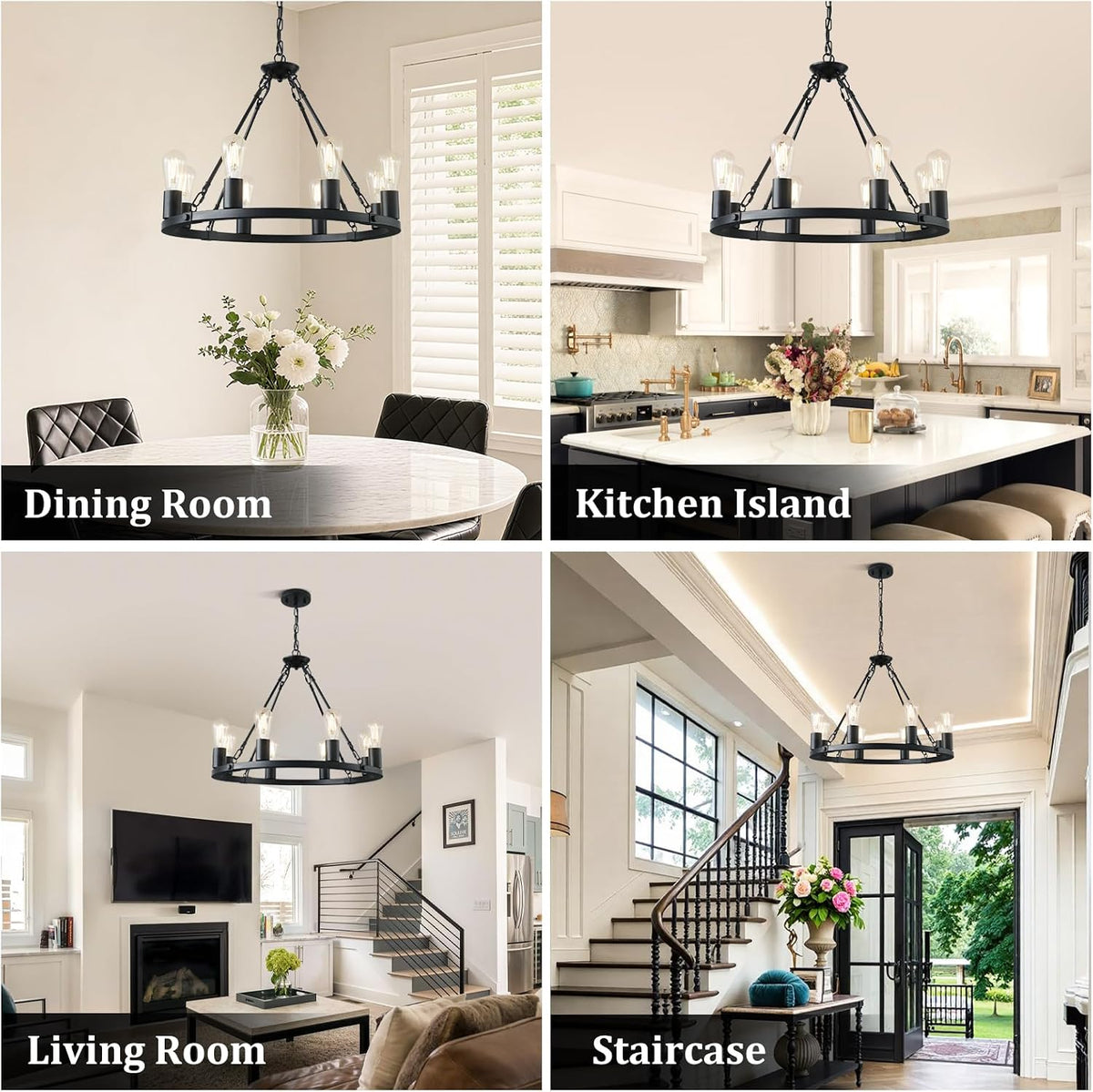Wagon Wheel Chandelier 8-Light Black Dining Room Light Fixture