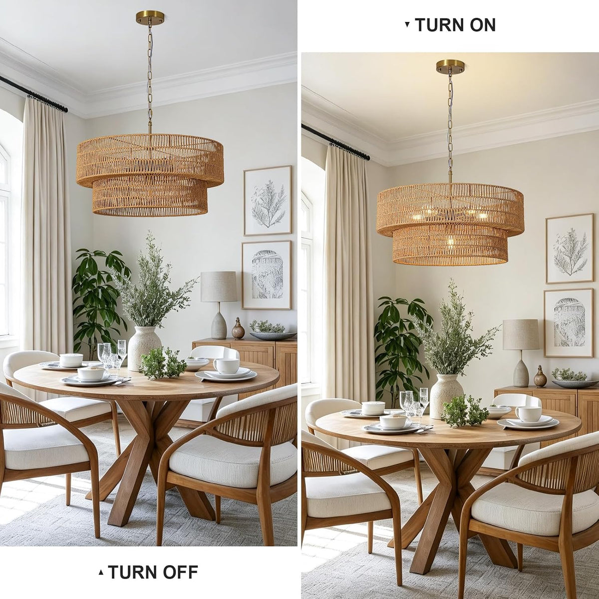 23.6" large rattan chandelier for dining room, 6-light, side view