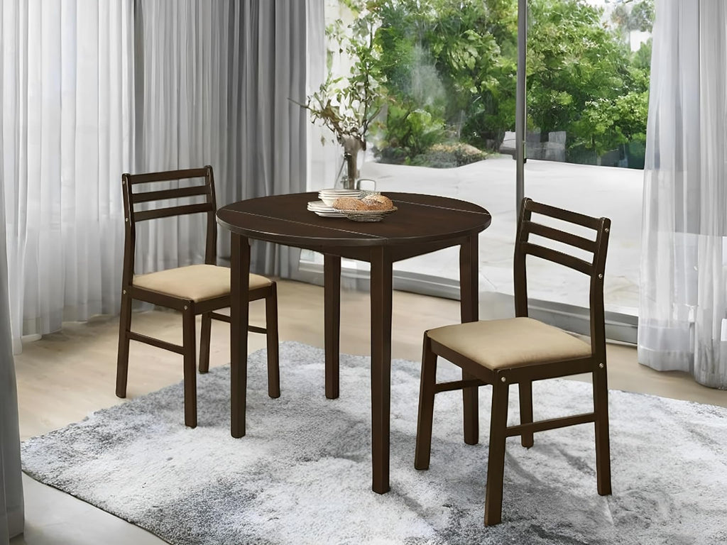 CARTESIAN 3-Piece Round Drop Leaf Dining Set, Cappuccino Table with Ladder Back Chairs, Cream Upholstery