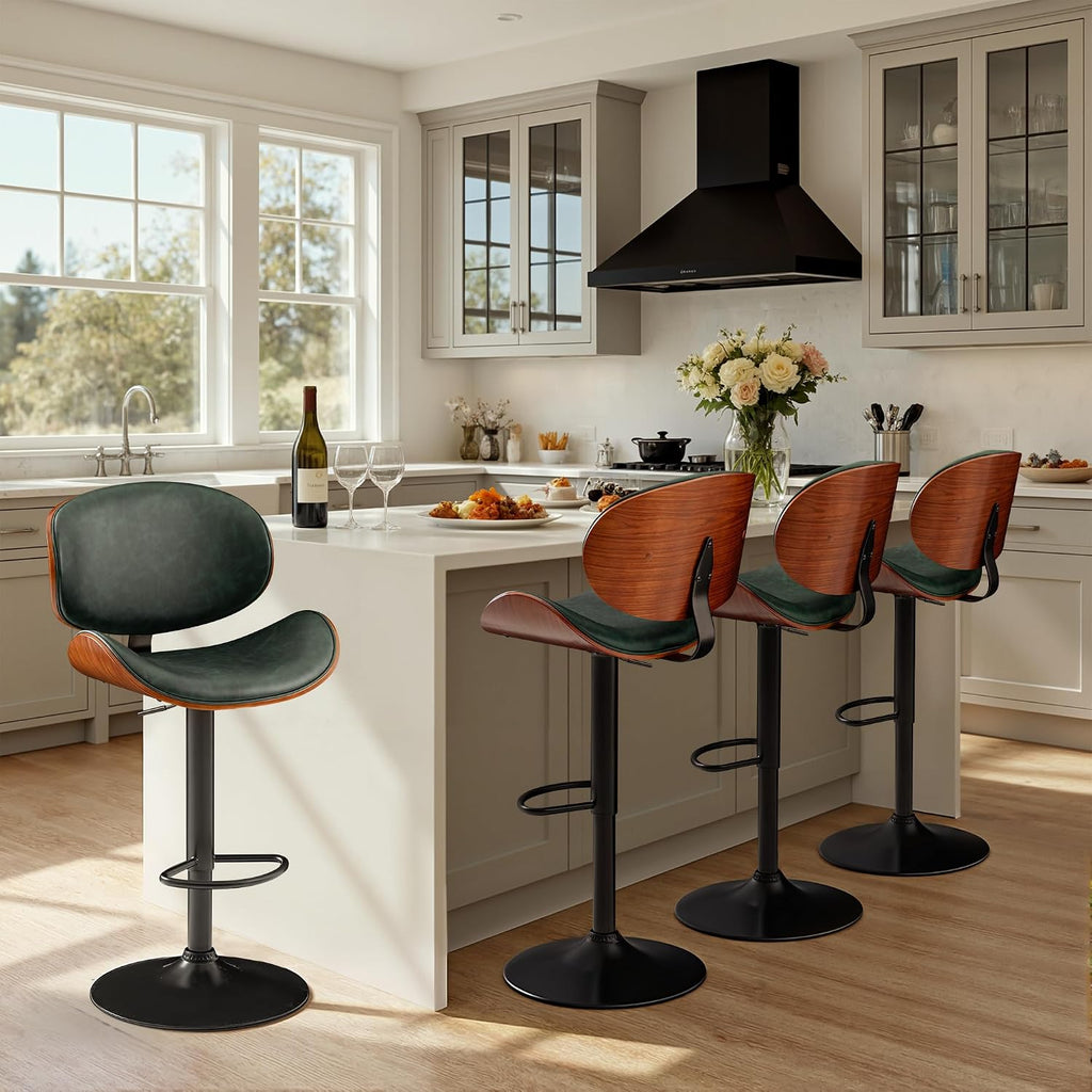 Furmax Bar Stools Set of 2 Adjustable Swivel Bentwood Barstools PU Leather Modern Bar Chairs with Back & Footrest for Bar, Kitchen Island, Dining Room (Grenn, Set of 2)