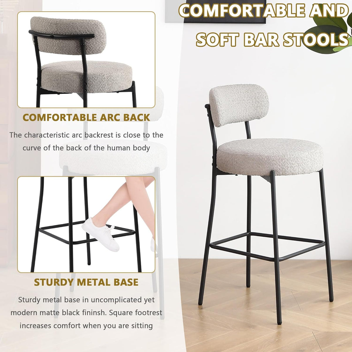 DYHOME Bar Stools Set of 4,Gray 28 Inch Counter Height Bar Stools with Back, Upholstered Boucle Barstools,Mid-Century Modern Bar Chairs for Kitchen Island, Dining Room,Living Room