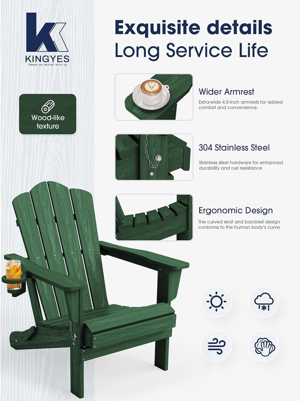 KINGYES Folding Adirondack Chair with Cup Holder, Green