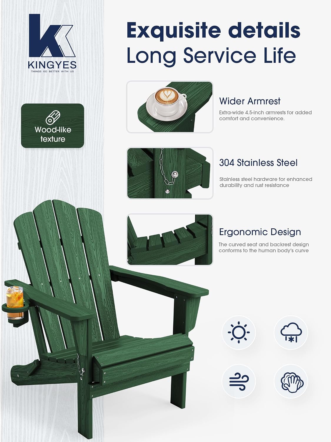 KINGYES Folding Adirondack Chair with Cup Holder, Green