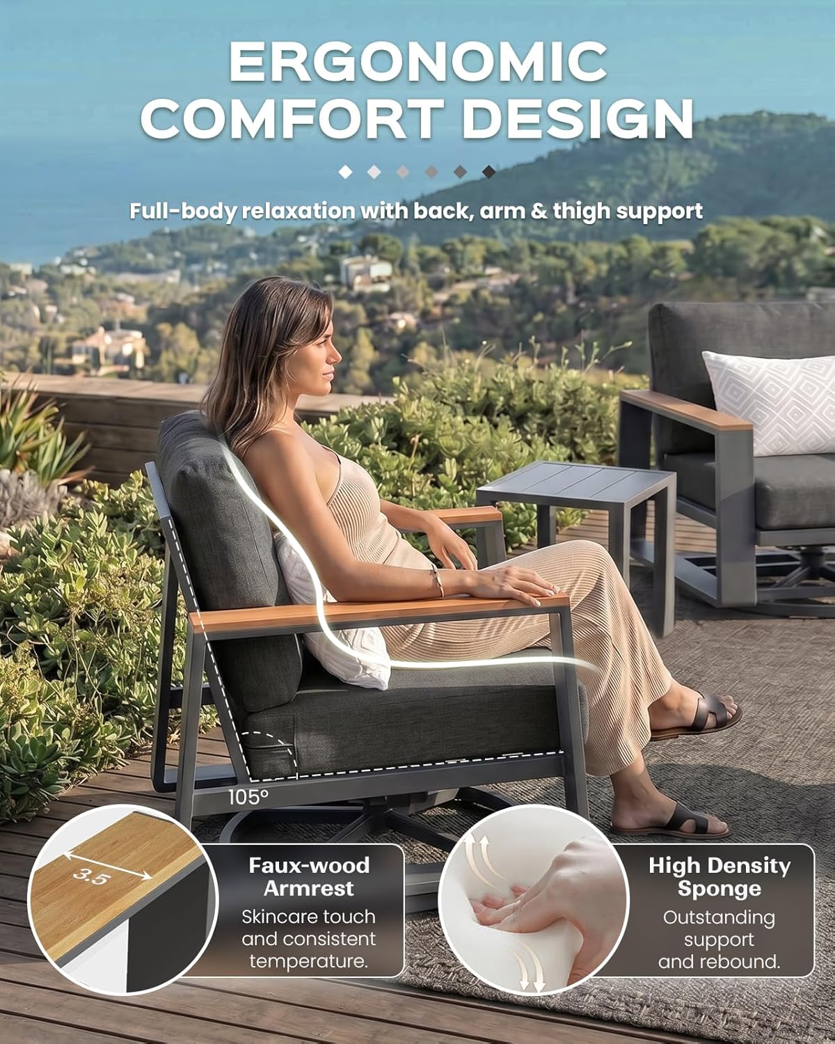 Vexwalx Aluminum Luxury Outdoor Swivel Patio Chairs with Table Set, Oversized 3 Pieces Patio Conversation Furniture Set with High Back&Washable Cushions, Outdoor Bistro Set for Porch, Deck, Graphite