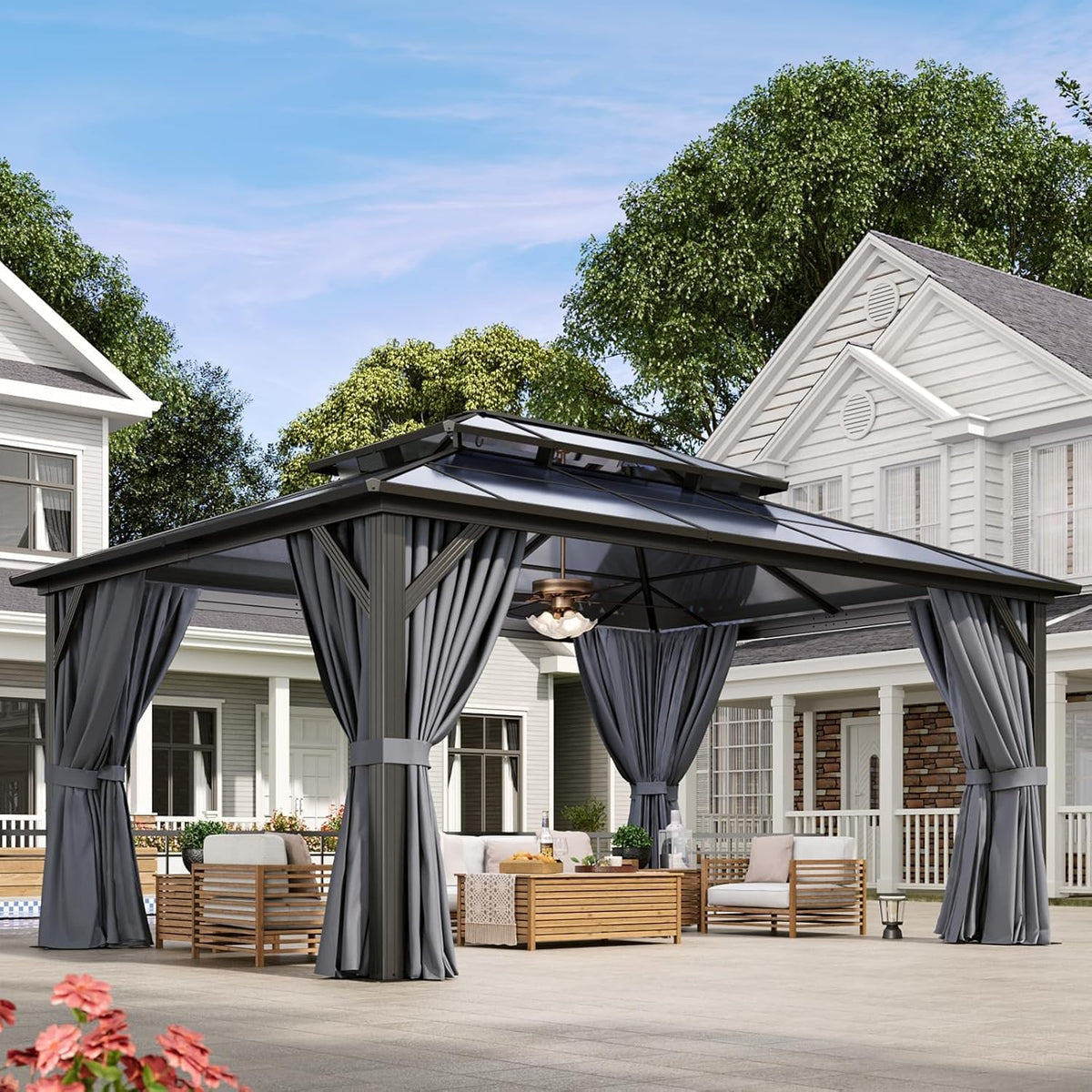 Aoxun 12'x16' Hardtop Gazebo with Polycarbonate Double Roof, Gray