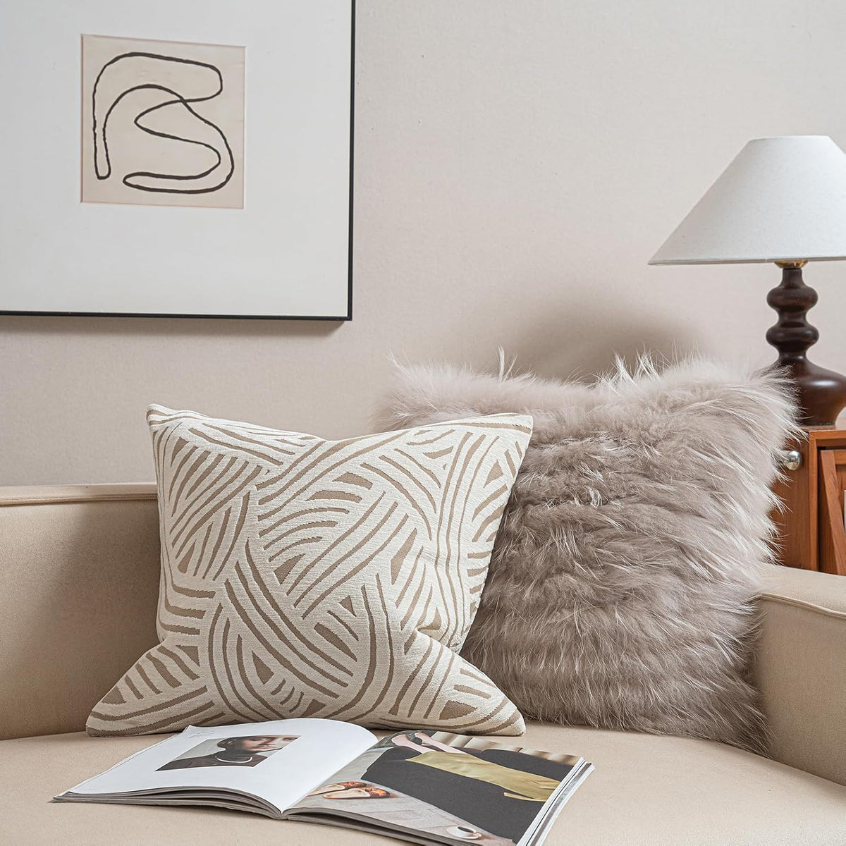 Croker Horse New 22x22'' inches Throw Pillow Cushion Covers - Paradise Beige Color Chenille Jacquard Embroidery Luxury Modern Style Couch Sofa Bed Pillow Cover for Living Room Bedroom