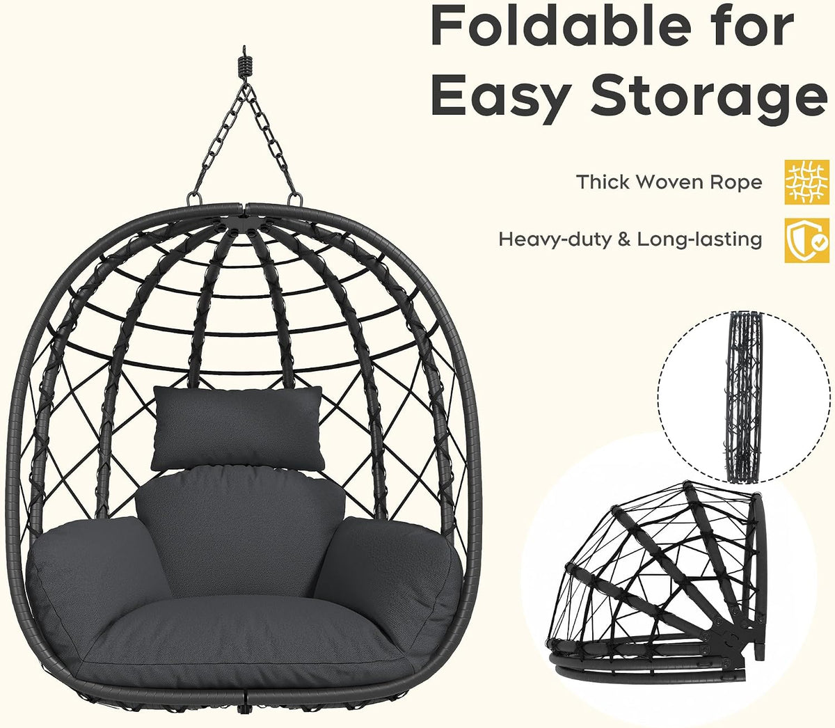 Hanging Egg Chair with Stand Patio Wicker Rattan Swing Chair Hammock Egg Chair for Indoor & Outdoor 400lbs Capacity with Thickened Cushion for Bedroom Balcony Garden, Deep Grey
