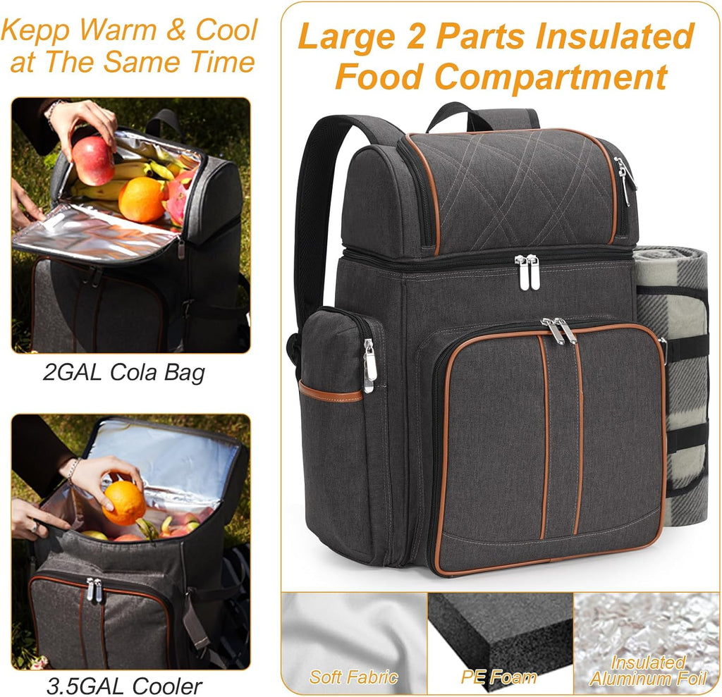 Picnic Backpack for 4, Insulated Cooler Bag with Blanket, Brown