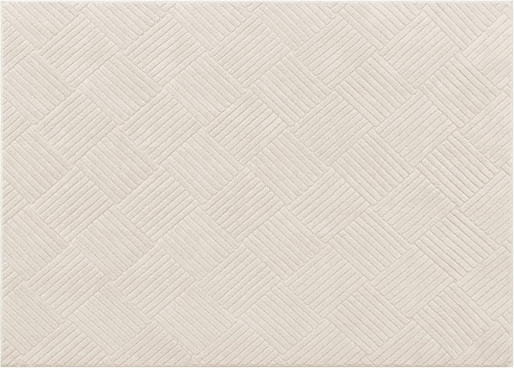 Vaukki 5x7 Living Room Area Rug, Beige Soft Geometric Fluffy Bedroom Mat