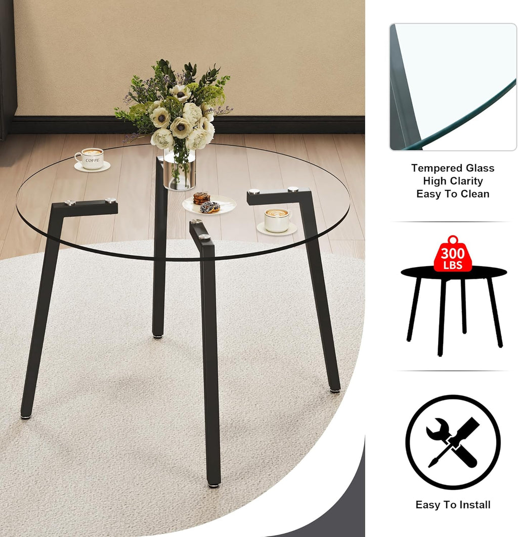 Clear Round Glass Top Dining Set for 4, 42'' Modern Luxury Circle Dinner Room Set, 5 PCS Minimalist Circular Kitchen Table Set, Grey High-end Tufted Chairs, for Home Small Apartment (Black)