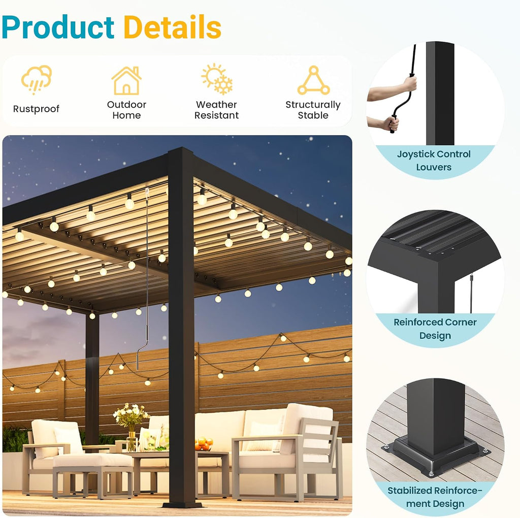 Pergola 10'x12' with Adjustable Roof & Thick Aluminum Frame for All Weather