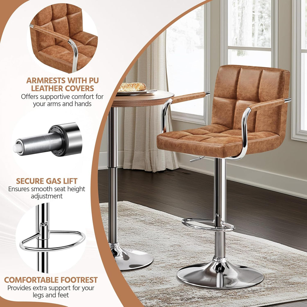 Yaheetech Bar Stools Set of 2 with Backs, Height Adjustable, Retro Brown